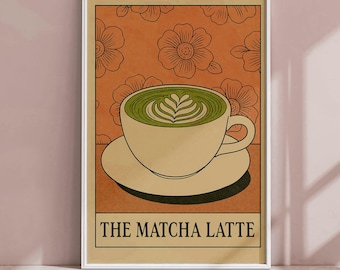 Matcha Latte Vintage Poster | Retro Coffee Art Print | Digital Download Matcha Wall Art | Cafe Kitchen Decor | Matcha Drink Illustration