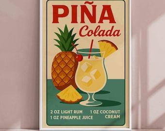 Piña Colada Cocktail Poster | Digital Tropical Drink Recipe Print | Vintage Tiki Bar Art | Instant Download | Retro Home Bar Decor