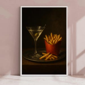 Baroque Martini and Fries Still Life Printable Wall Art – Digital Download | Dark Academia Cocktail Decor | Vintage-Inspired Home Bar Poster