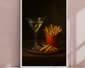 Baroque Martini and Fries Still Life Printable Wall Art – Digital Download | Dark Academia Cocktail Decor | Vintage-Inspired Home Bar Poster