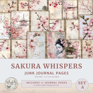 Sakura Junk Journal Pages, Papel Digital de Flor de Cerejeira, Ephemera Estética Japonesa, Kit de Diário para Imprimir, Álbum de Recortes Floral Vintage