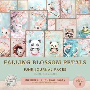 Páginas de diario basura de cerezo en flor, animales kawaii digitales imprimibles, efímeras de Sakura, Chibi adorable, kit de scrapbooking pastel, papelería floral