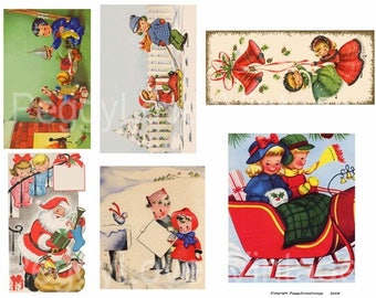 Christmas Kids 4 Digital Collage from Vintage Christmas Greeting Cards - Instant Download