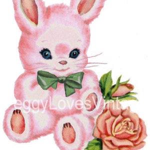 Pink Bunny with Green Bow Digital Image from Vintage Greeting Cards - Instant Download