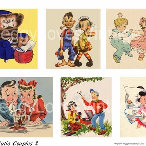 Collage numérique Cutie Couples 2 à partir de cartes de voeux vintage - téléchargement immédiat - découpes
