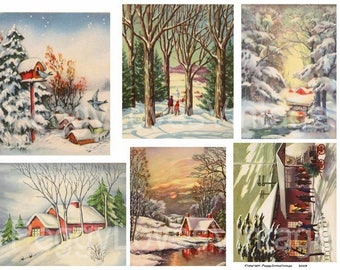 Wintry Scenes 1 Digital Collage from Vintage Christmas Greeting Cards -  Instant Download - Cut Outs