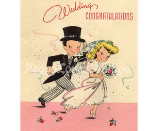 Wedding 28 a Cute Bride and Groom a Digital Image from Vintage Greeting Cards - Instant Download