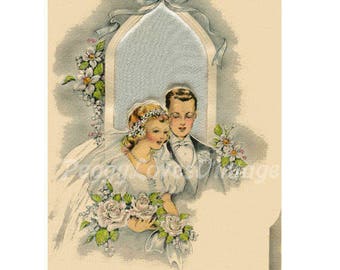 Wedding 23 a Beautiful Bride and Groom with White Roses a Digital Image from Vintage Greeting Cards - Instant Download