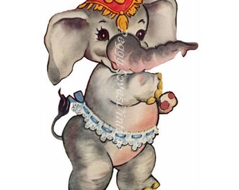 Animals 5 a Cute Circus Elephant a Digital Image from Vintage Greeting Cards - Instant Download