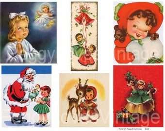 Christmas Girls 2 Digital Collage from Vintage Christmas Greeting Cards - Instant Download