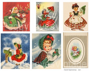 Christmas Girls 1 Digital Collage from Vintage Christmas Greeting Cards -  Instant Download - Cut Outs