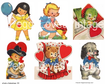 Cutie Valentines 1 a Digital Collage from Vintage Greeting Cards - Instant Download - Cut Outs