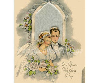 Wedding 24 a Beautiful Bride and Groom with White Roses a Digital Image from Vintage Greeting Cards - Instant Download