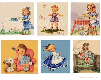 Sweet Little Girls 1 Digital Collage from Vintage Greeting Cards - Instant Download - Cut Outs