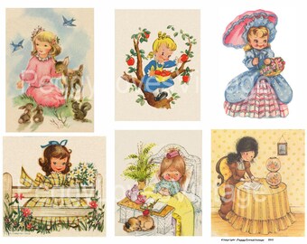 Sweet Little Girls 4 Digital Collage  from Vintage Greeting Cards - Instant Download