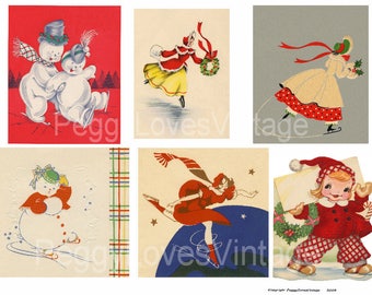 Ice Skaters 2 Digital Collage from Vintage Christmas Greeting Cards -  Instant Download - Cut Outs