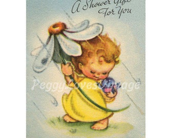 Wedding 39 Sweet Shower Pixie with a Blue Bird a Digital Image from Vintage Greeting Cards - Instant Download