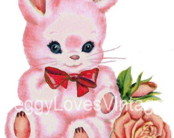 Pink Bunny with Red Bow Digital Image from Vintage Greeting Cards - Instant Download