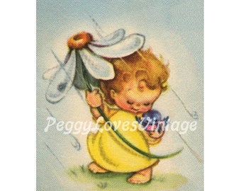 Wedding 38 Sweet Shower Pixie with a Blue Bird a Digital Image from Vintage Greeting Cards - Instant Download