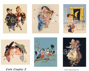 Cutie Couples 3 Digital Collage from Vintage Greeting Cards - Instant Download - Cut Outs