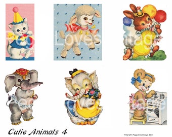 Cutie Animals 4 Digital Collage from Vintage Greeting Cards  - Instant Download - Cut Outs