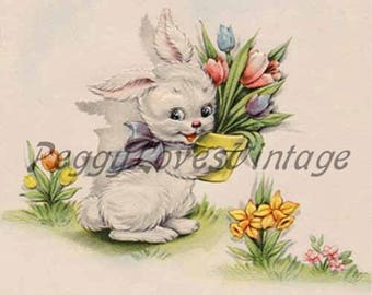 Easter 14 a Sweet White Bunny with Tulips a Digital Image from Vintage Greeting Cards - Instant Download