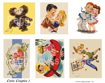 Cutie Couples 1 Digital Collage from Vintage Greeting Cards - Instant Downloads - Cut Outs