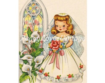 Wedding 36 Sweet Bride and Church Window a Digital Image from Vintage Greeting Cards - Instant Download