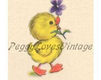 Easter 6 a Sweet Duck with a Violet a Digital Image from Vintage Greeting Cards - Instant Download