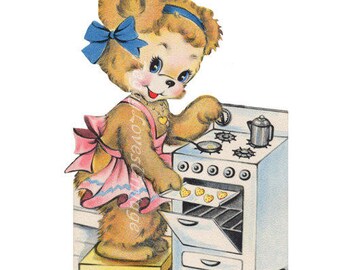 Animales 1 un chef de oso dulce una imagen digital de tarjetas de felicitación vintage - Descarga instantánea