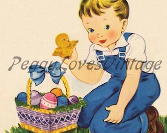 Easter 15 a Sweet Little Boy with an Easter Basket a Digital Image from Vintage Greeting Cards - Instant Download