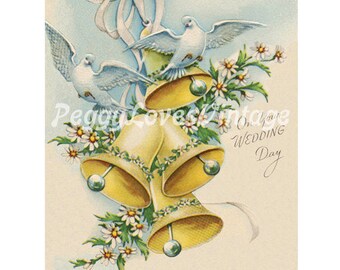 Wedding 8 Beautiful Yellow Bells with White Doves a Digital Image from Vintage Greeting Cards - Instant Download