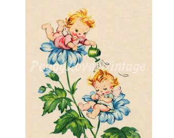 Wedding 34 Sweet Shower Pixies and Flowers a Digital Image from Vintage Greeting Cards - Instant Download