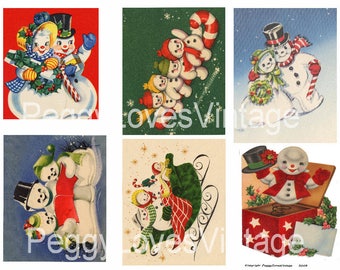 Snowmen 3 Digital Collage Vintage Greeting Christmas Cards -  Instant Download - Cut Outs