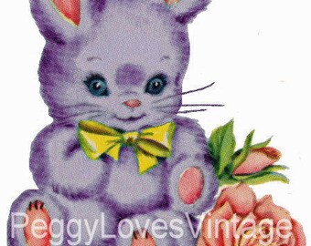 Puple Bunny with Yellow Bow Digital Image from Vintage Greeting Cards - Instant Download