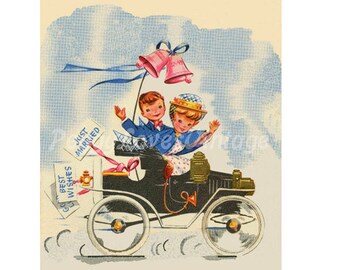 Boda 21 Los novios escapan de una imagen digital de tarjetas de felicitación antiguas - Descarga instantánea