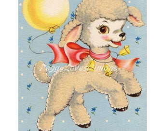 Animals 9 a Sweet Lamb with a Balloon a Digital Image from Vintage Greeting Cards - Instant Download