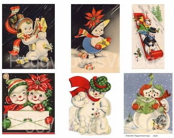 Snowmen 2 Digital Collage from Vintage Christmas Greeting Cards -  Instant Download - Cut Outs
