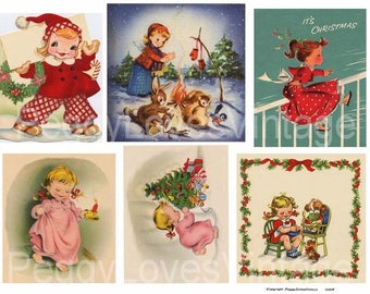 Christmas Girls 3 Digital Collage from Vintage Christmas Greeting Cards  - Instant Download - Cut Outs