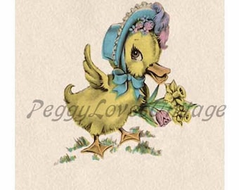Easter 4 a Sweet Duck with a Spring Bouquet a Digital Image from Vintage Greeting Cards - Instant Download