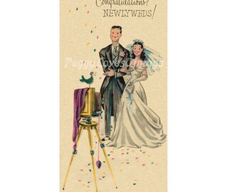 Wedding 16 Beautiful Bride and Groom Posing for Pictures a Digital Image from Vintage Greeting Cards - Instant Download