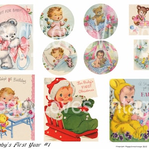 Digitale collage van baby's eerste jaar 1 van vintage wenskaarten (meisje) - direct downloaden - uitsneden