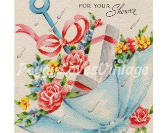 Matrimonio 33, un ombrellone da doccia pieno di regali, un'immagine digitale di biglietti d'auguri vintage - download istantaneo
