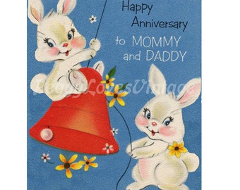Wedding 20 Anniversary Bunnies with Red Bell a Digital Image from Vintage Greeting Cards - Instant Download