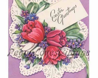 Easter 17 an Easter Bouquet of Tulips and Violets a Digital Image from Vintage Greeting Cards - Instant Download