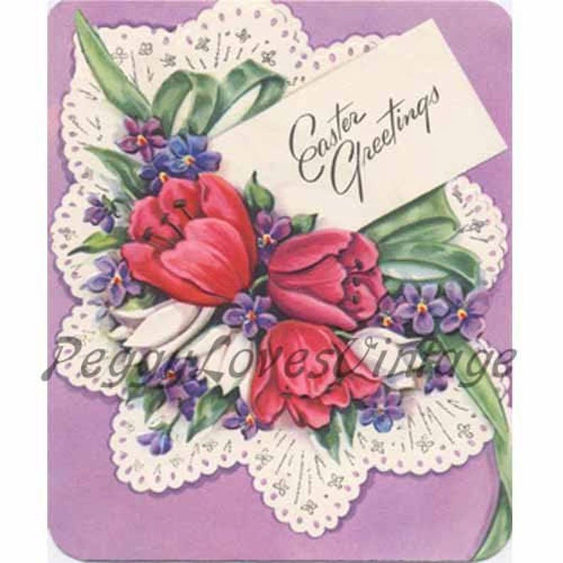 Easter 17 an Easter Bouquet of Tulips and Violets a Digital Image from Vintage Greeting Cards Instant Download image 1