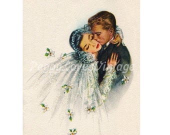 Wedding 17 Beautiful Bride and Groom a Digital Image from Vintage Greeting Cards - Instant Download