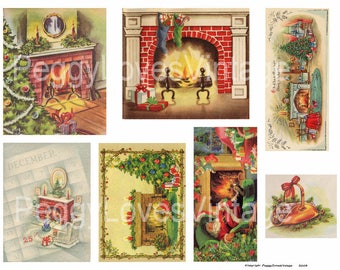 Fireplaces 2 Digital Collage from Vintage Christmas Greeting Cards -  Instant Download - Cut Outs