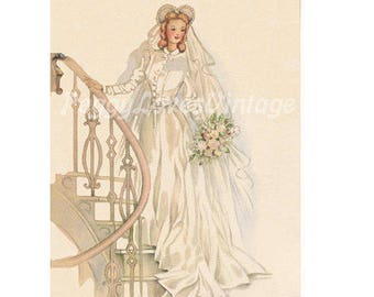 Wedding 12 Beautiful Bride on a Staircase a Digital Image from Vintage Greeting Cards - Instant Download