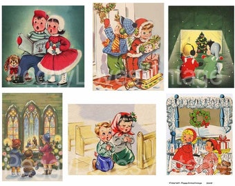 Christmas Kids 1 Digital Collage from Vintage Christmas Greeting Cards - Instant Download - Cut Outs